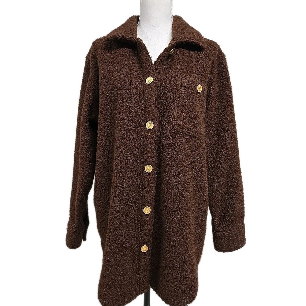 Express Teddy Novelty Button Shacket Chocolate Brown Women's Size L